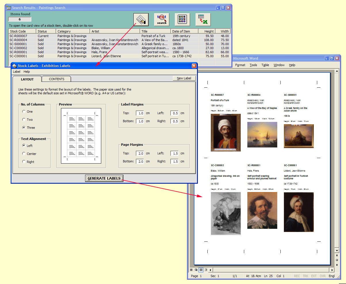 Generate labels for exhibitions and catalogues

The Search Results form showing the records for which you wish to create labels; the Stock Labels form where you define their content and layout; and the labels generated in Microsoft Word